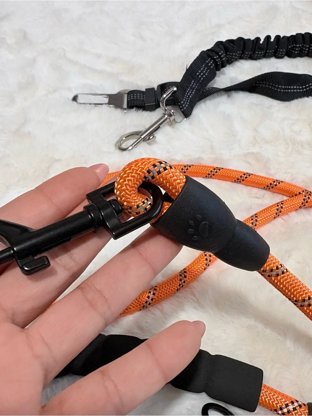 Dog Leash Reflective Orange and Black with Safety Belt